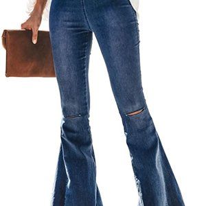 Women Bell Bottom Jeans Ripped Elastic Waist